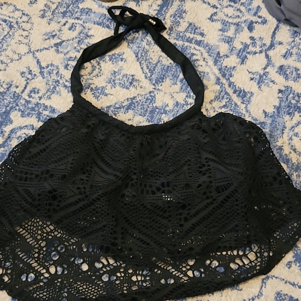 Cacique 36C black swim top crochet drape top SW6